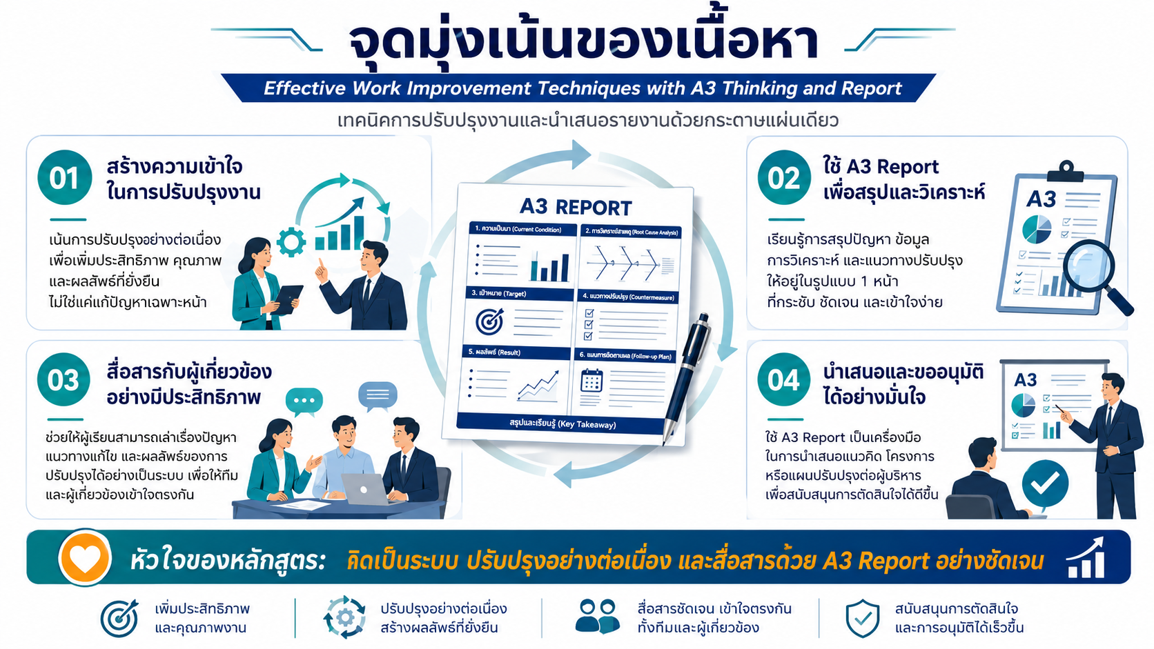 หลักสูตรอบรม Effective Work Improvement Techniques with A3 Thinking and Report เทคนิคการปรับปรุงงานด้วย A3 Thinking และการนำเสนอรายงานแบบ One Page Summary