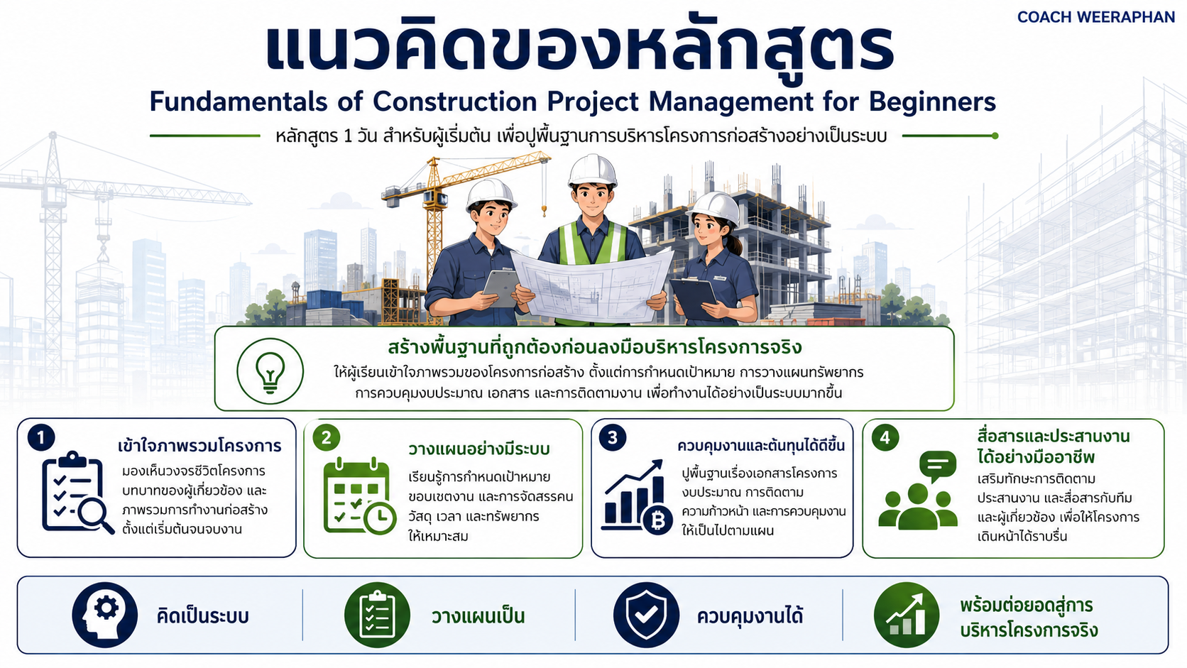 หลักสูตรอบรม Fundamentals of Construction Project Management for Beginners พื้นฐานการบริหารโครงการก่อสร้างสำหรับผู้เริ่มต้น การวางแผนทรัพยากร ควบคุมงบประมาณ และติดตามงานโครงการ